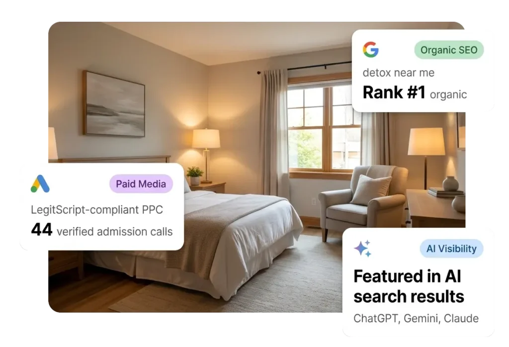 Addiction treatment marketing results showing organic detox rankings, LegitScript-compliant PPC admission calls, and AI search visibility
