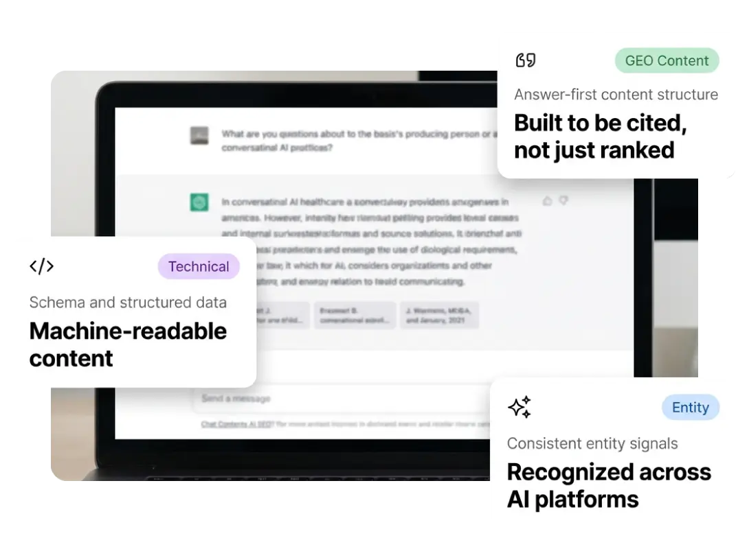 AI SEO and generative engine optimization for healthcare showing answer-first content, structured data, and consistent entity signals across AI platforms