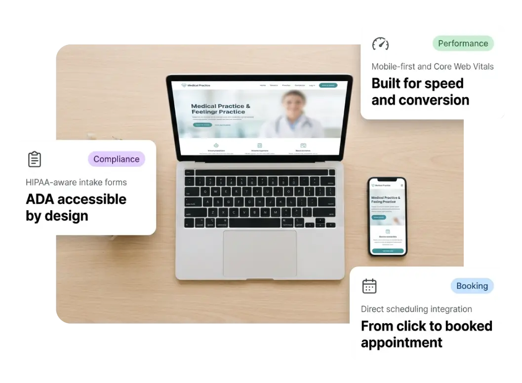 Healthcare web design showing mobile-first performance, HIPAA-aware accessible intake forms, and direct appointment scheduling integration