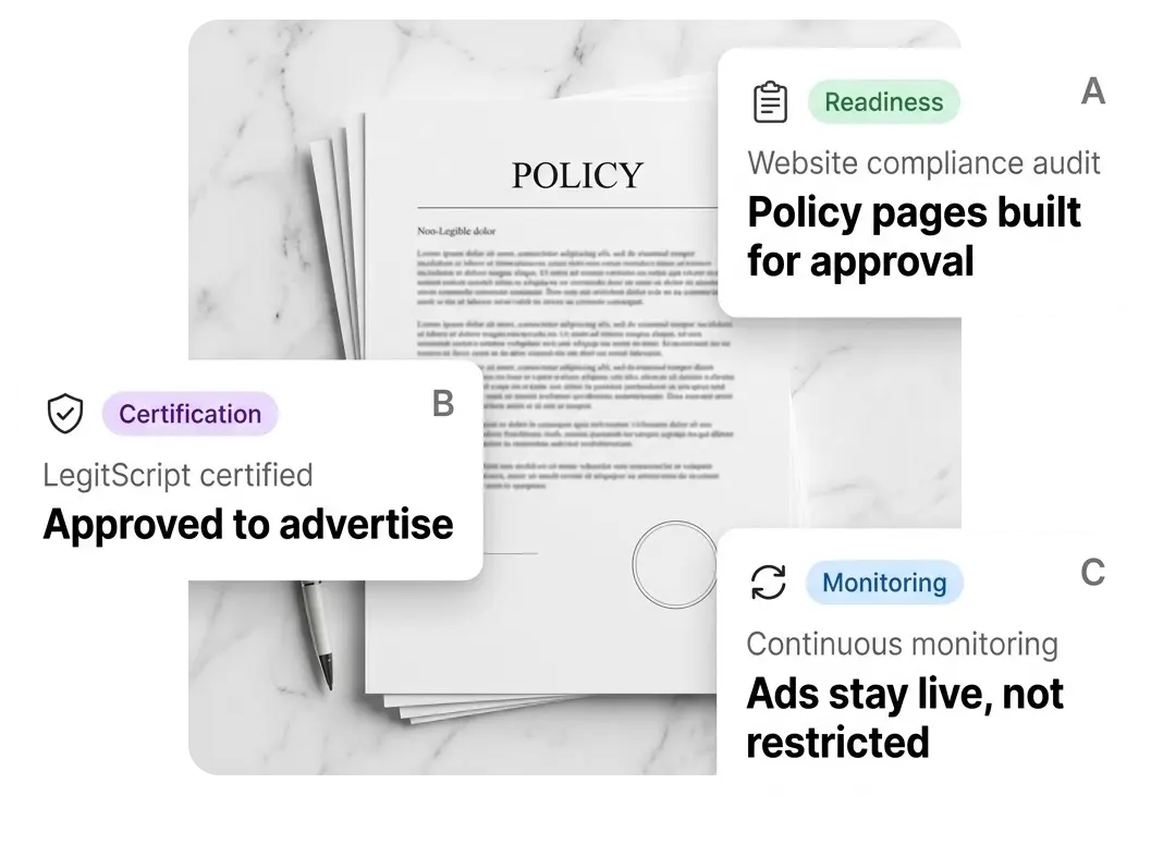 LegitScript certification consulting showing website compliance audits, certified advertising approval, and continuous compliance monitoring